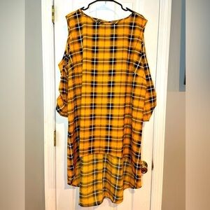 New Mileage Orange Plaid Tunic Cold Shoulder 3/4 Roll Tab Sleeve Keyhole Back 2X